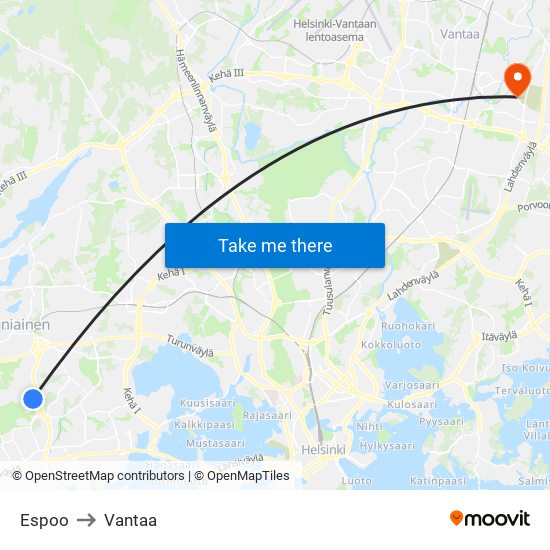 Espoo to Vantaa map