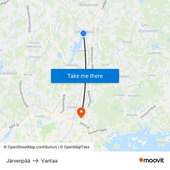 Järvenpää to Vantaa map