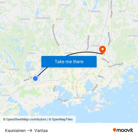 Kauniainen to Vantaa map