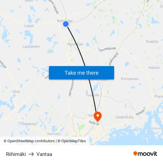 Riihimäki to Vantaa map