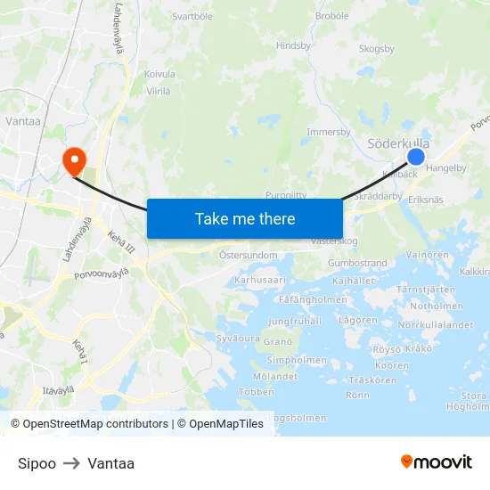 Sipoo to Vantaa map