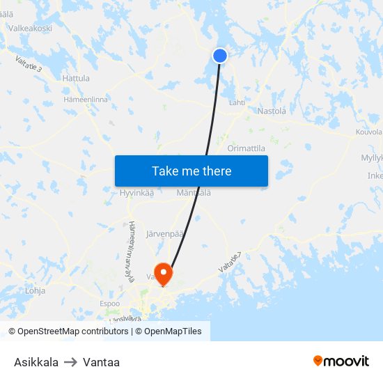 Asikkala to Vantaa map