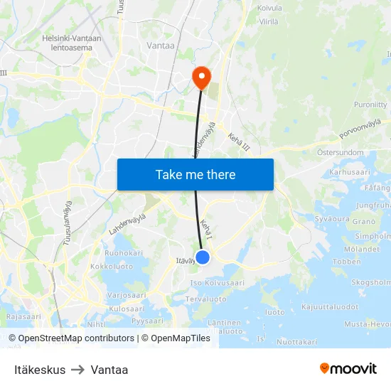 Itäkeskus to Vantaa map