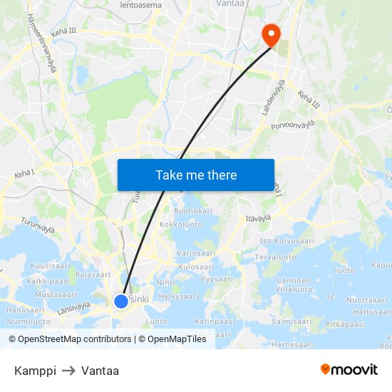 Kamppi to Vantaa map