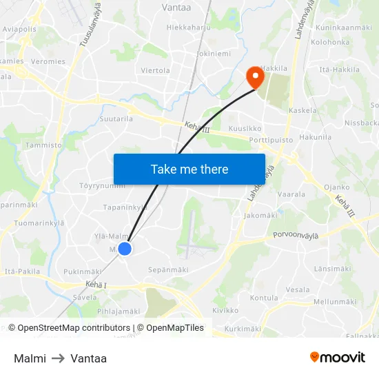Malmi to Vantaa map