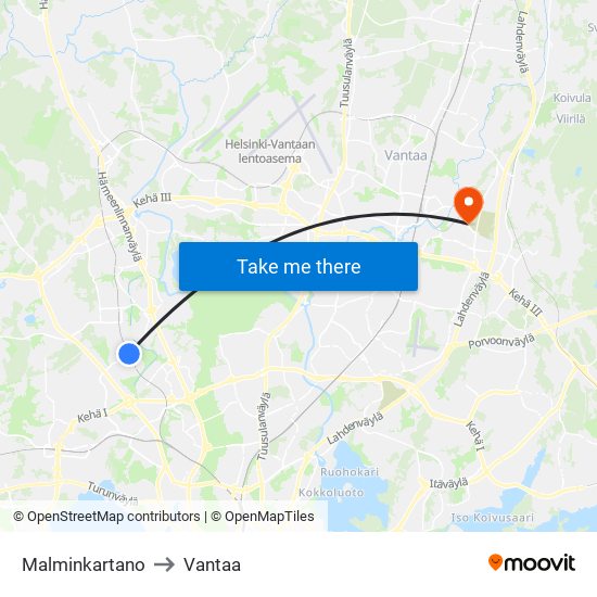 Malminkartano to Vantaa map