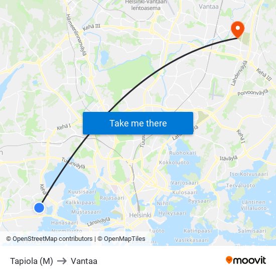 Tapiola (M) to Vantaa map