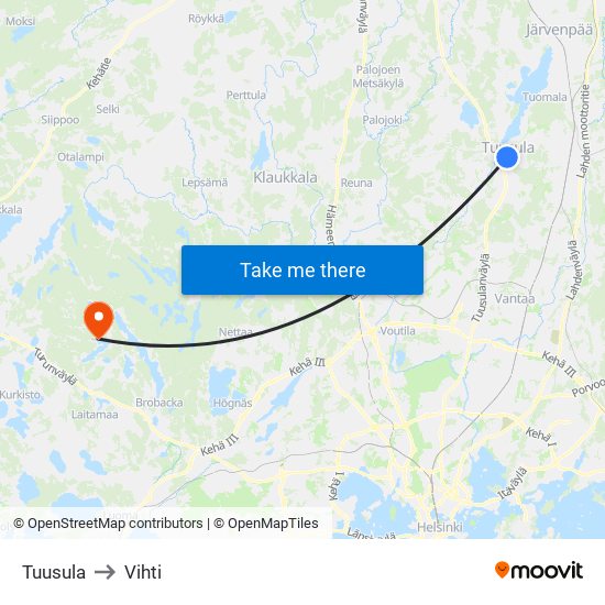 Tuusula to Vihti map