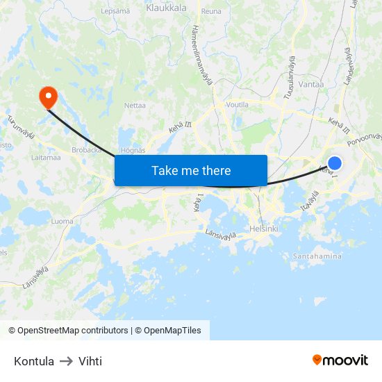 Kontula to Vihti map