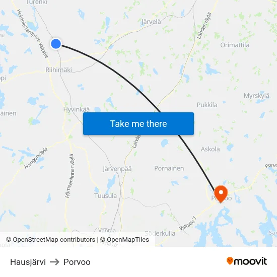 Hausjarvi to Porvoo map