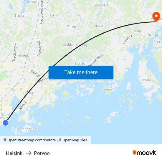 Helsinki to Porvoo map