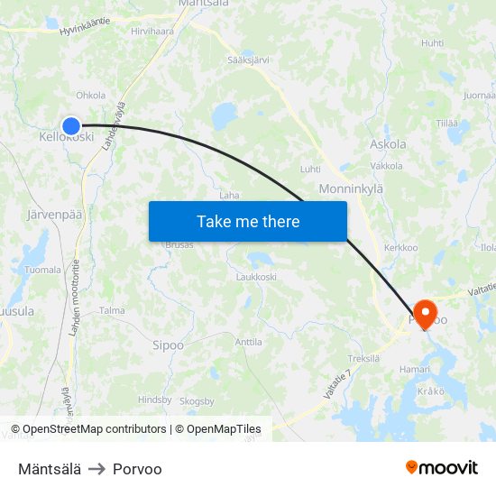 Mäntsälä to Porvoo map