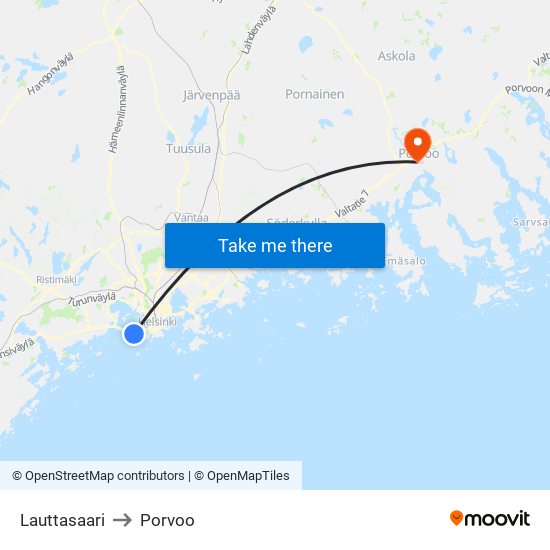 Lauttasaari to Porvoo map