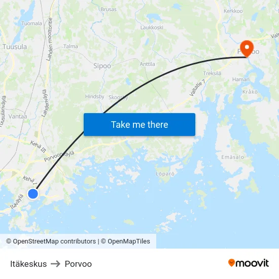 Itäkeskus to Porvoo map