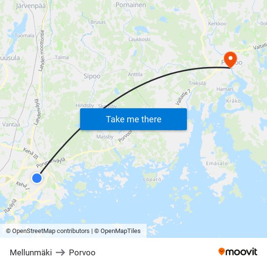 Mellunmäki to Porvoo map