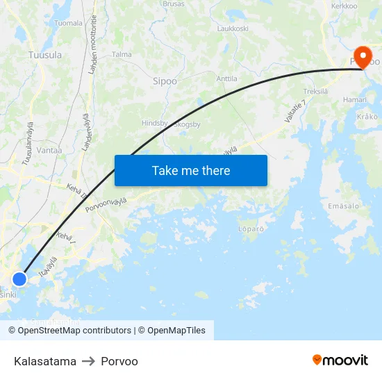 Kalasatama to Porvoo map