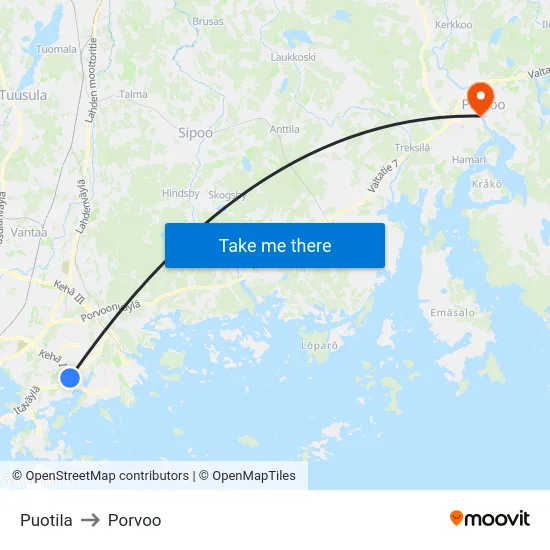Puotila to Porvoo map