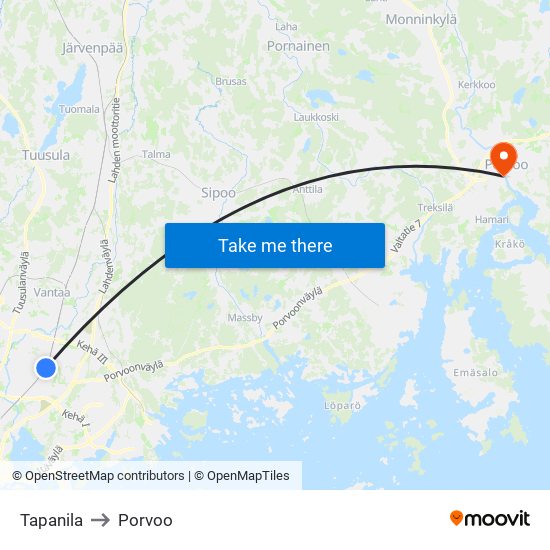 Tapanila to Porvoo map