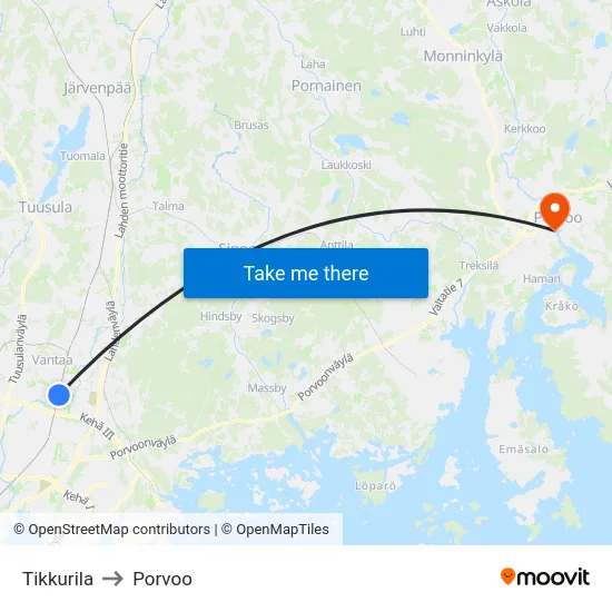 Tikkurila to Porvoo map