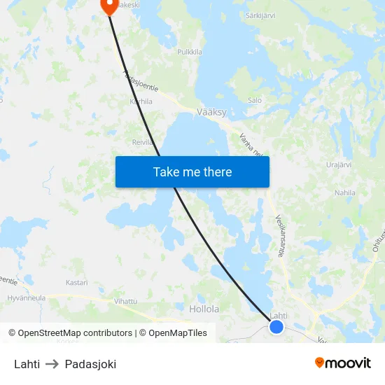 Lahti to Padasjoki map