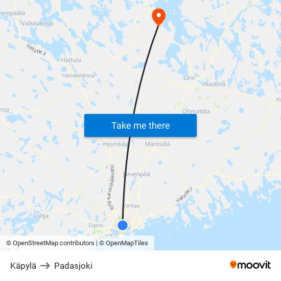 Käpylä to Padasjoki map