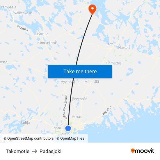 Takomotie to Padasjoki map