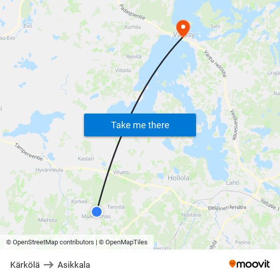 Kärkölä to Asikkala map