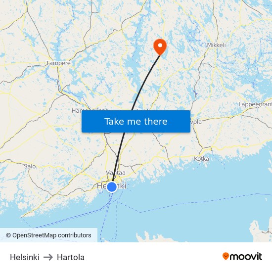 Helsinki to Hartola map