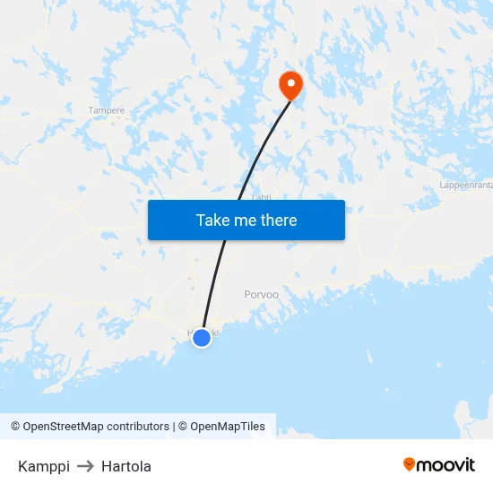 Kamppi to Hartola map