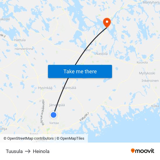 Tuusula to Heinola map