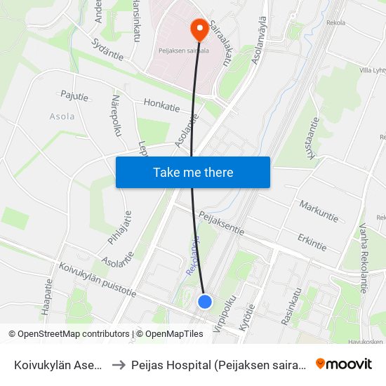 Koivukylän Asema to Peijas Hospital (Peijaksen sairaala) map