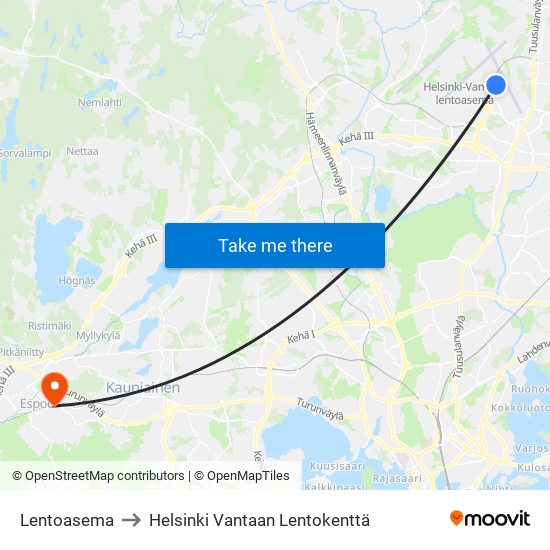 Lentoasema to Helsinki Vantaan Lentokenttä map