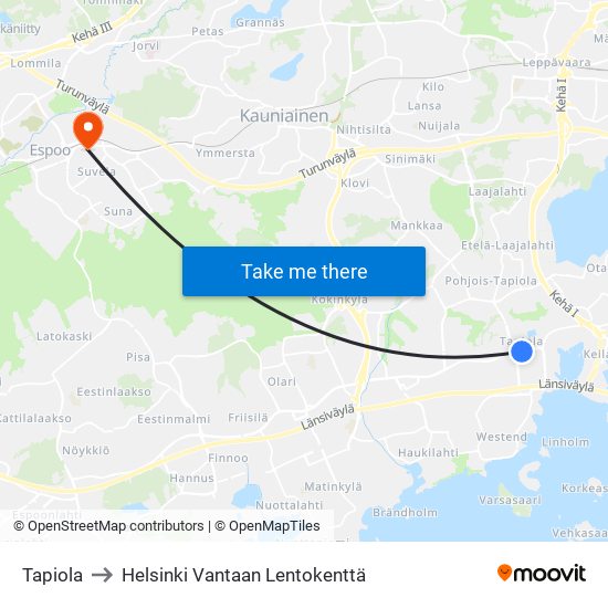 Tapiola to Helsinki Vantaan Lentokenttä map