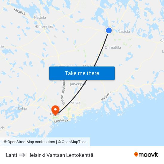 Lahti to Helsinki Vantaan Lentokenttä map