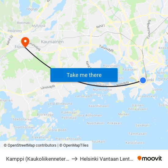 Kamppi (Kaukoliikenneterminaali) to Helsinki Vantaan Lentokenttä map