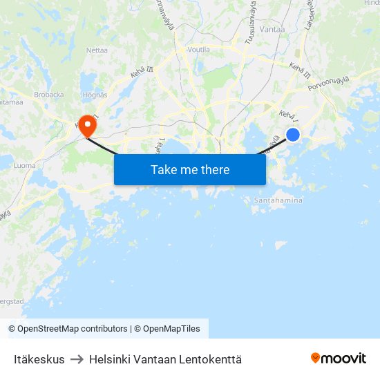 Itäkeskus to Helsinki Vantaan Lentokenttä map
