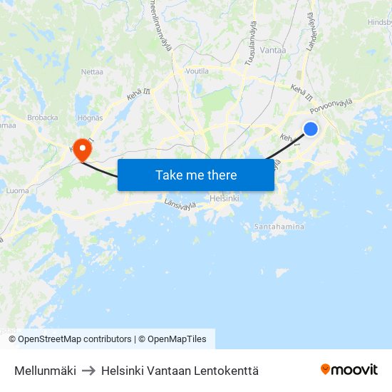 Mellunmäki to Helsinki Vantaan Lentokenttä map