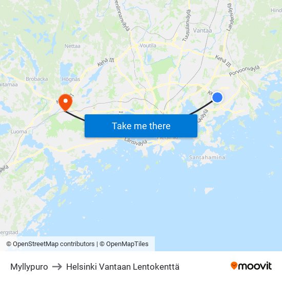 Myllypuro to Helsinki Vantaan Lentokenttä map