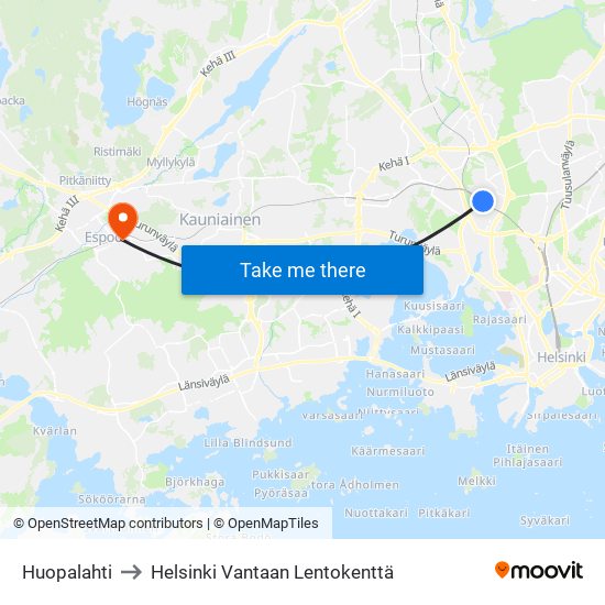 Huopalahti to Helsinki Vantaan Lentokenttä map