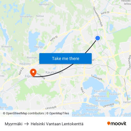 Myyrmäki to Helsinki Vantaan Lentokenttä map