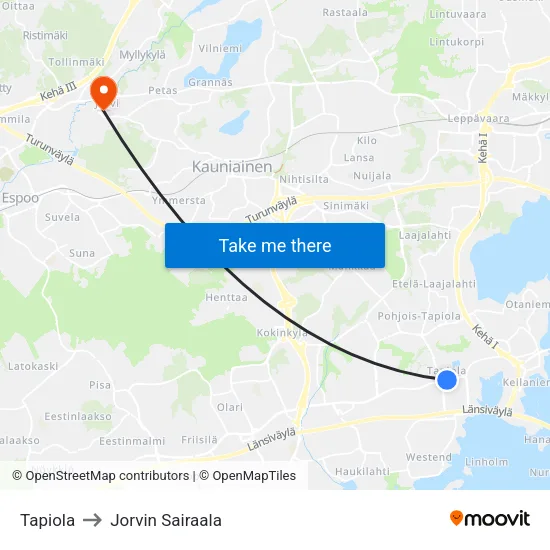 Tapiola to Jorvin Sairaala map