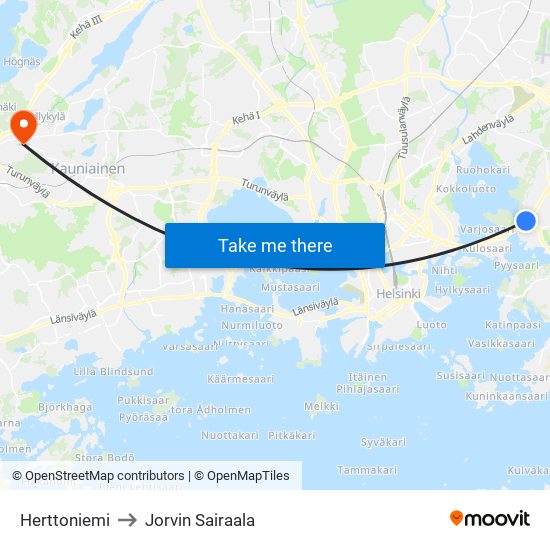 Herttoniemi to Jorvin Sairaala map