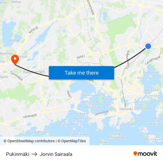 Pukinmäki to Jorvin Sairaala map