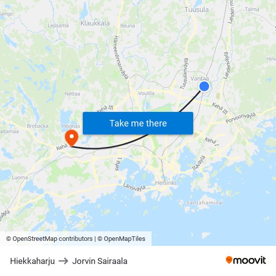 Hiekkaharju to Jorvin Sairaala map