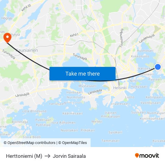 Herttoniemi (M) to Jorvin Sairaala map