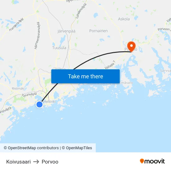 Koivusaari to Porvoo map