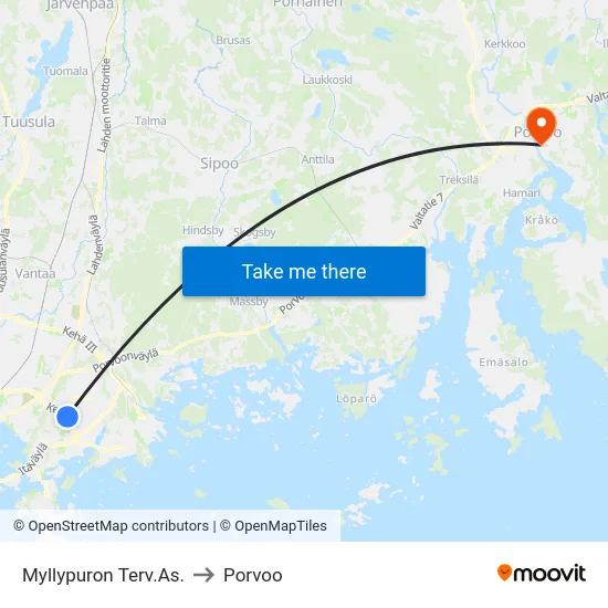 Myllypuron Terv.As. to Porvoo map