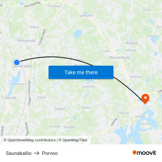 Saunakallio to Porvoo map