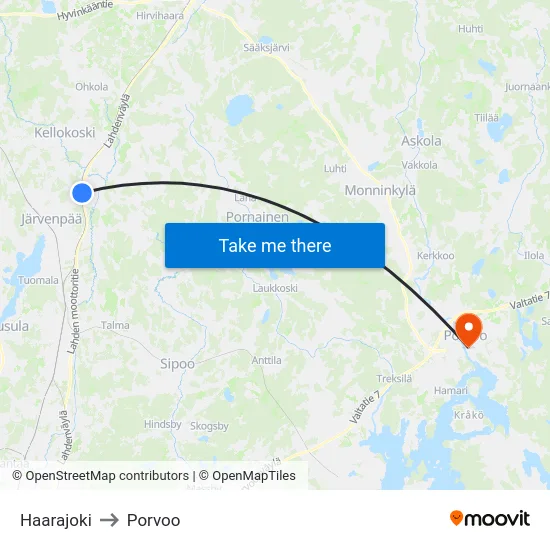 Haarajoki to Porvoo map