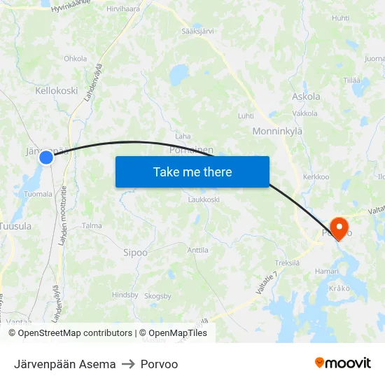 Järvenpään Asema to Porvoo map